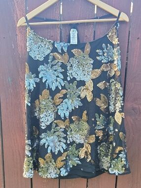 Monroe & Main Black Tank Top with Gold and Silver Sequin Floral